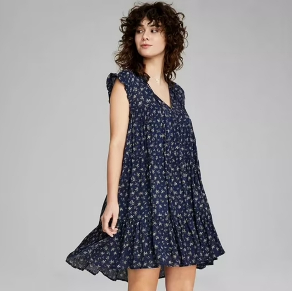 And Now This Navy Floral Ruffled Babydoll Dress Women's Size Large NWOT